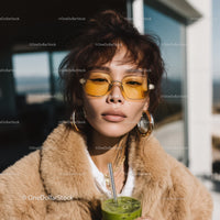 Stylish Woman with Yellow Sunglasses and Fur Coat Outdoor Portrait