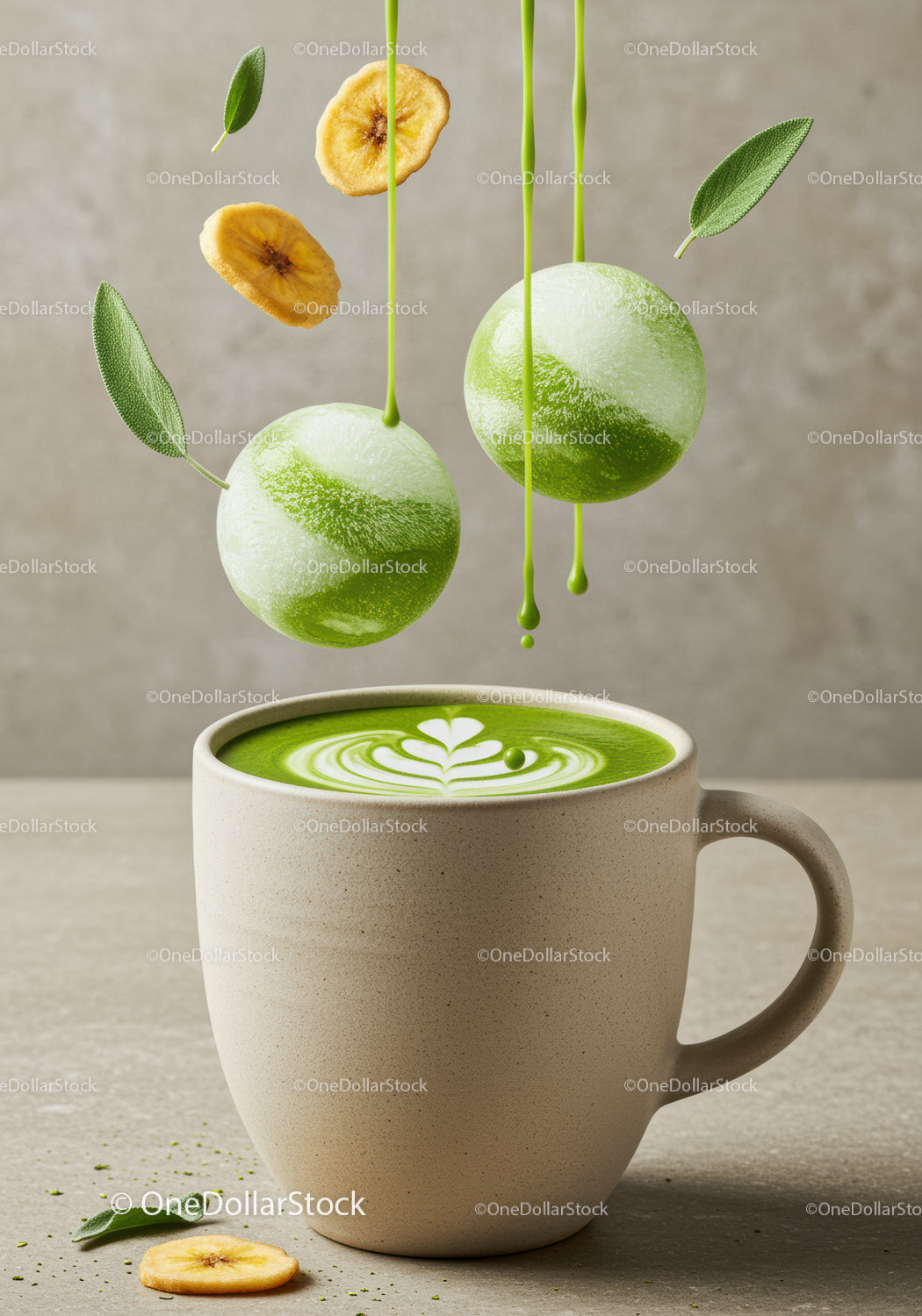 Creamy Matcha Latte with Floating Green Tea Elements