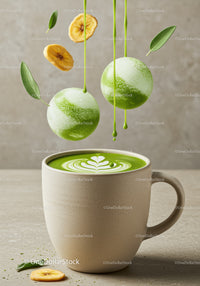 Creamy Matcha Latte with Floating Green Tea Elements