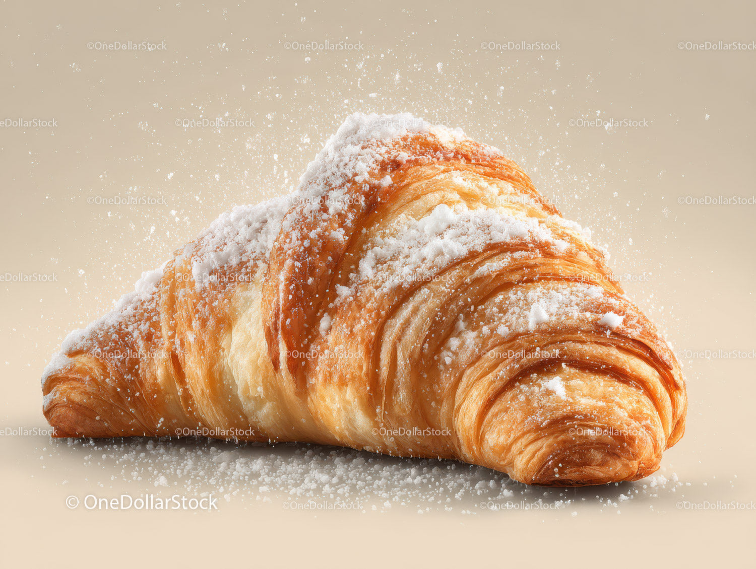 Golden Croissant Covered in Powdered Sugar on Neutral Background