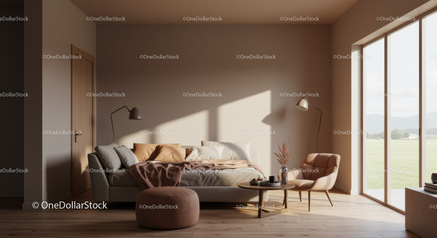 Nowoczesny, słoneczny salon z przytulną sofą i drewnianymi akcentami