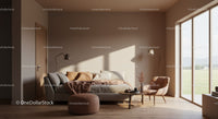 Sunlit Modern Living Room with Cozy Sofa and Wooden Accents