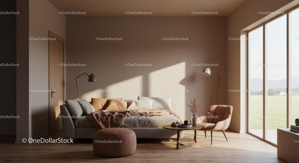 Sunlit Modern Living Room with Cozy Sofa and Wooden Accents