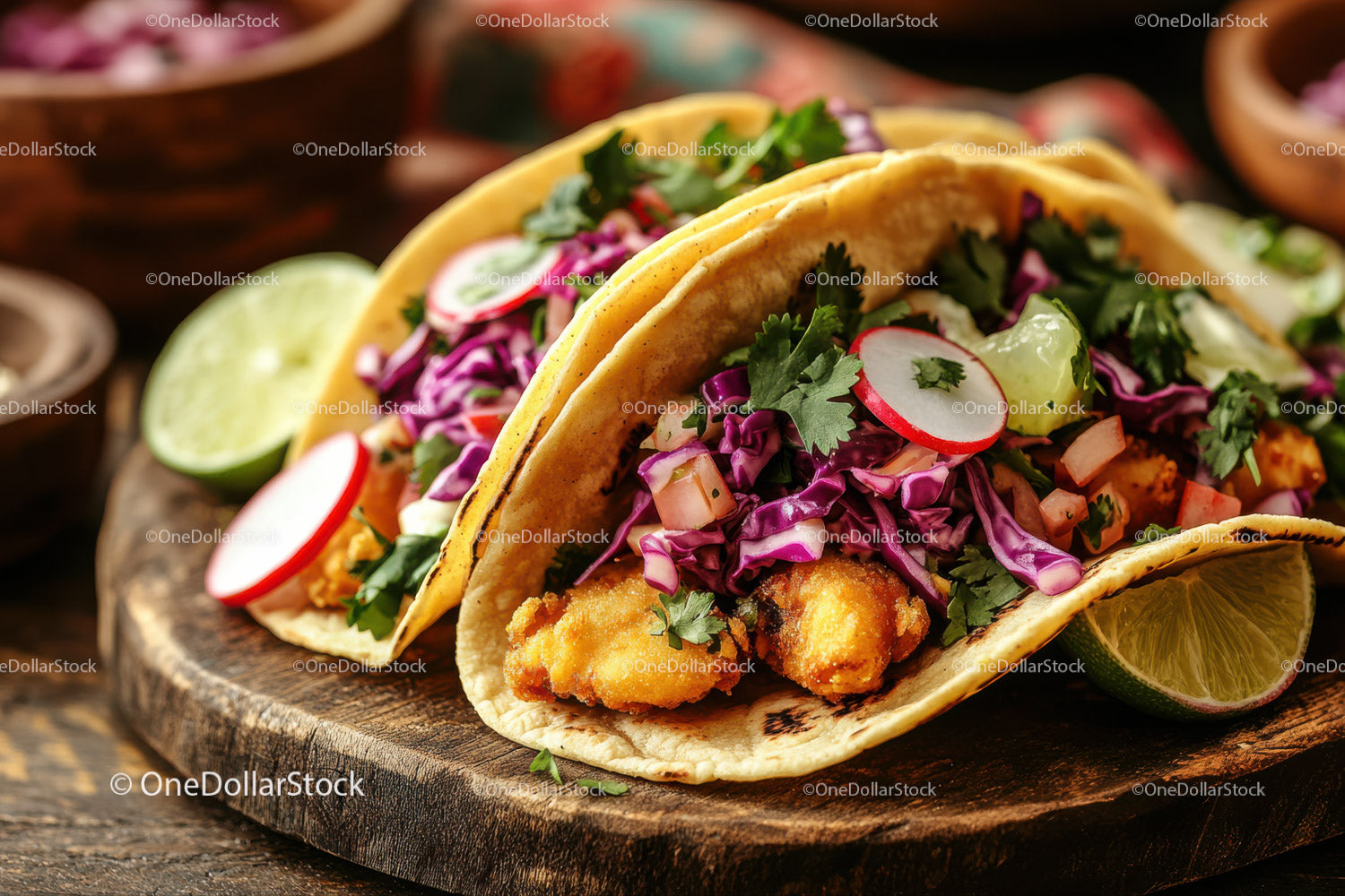 Chrupiące tacos z rybą, świeżymi warzywami i plasterkami limonki