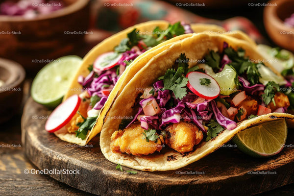Crispy Fish Tacos with Fresh Vegetables and Lime Slices