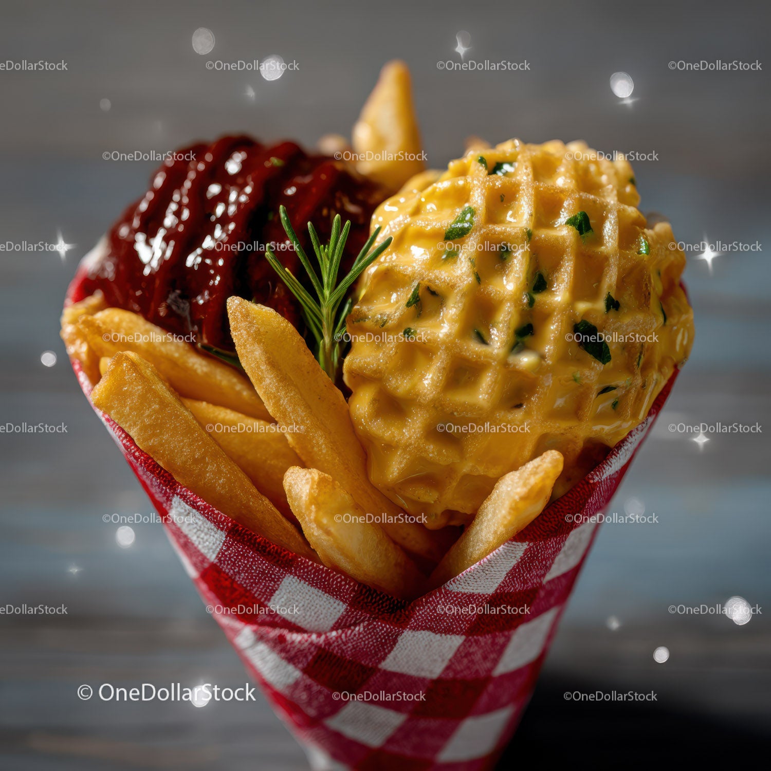 Crispy Fries with Cheese Sauce and Herbs Garnish