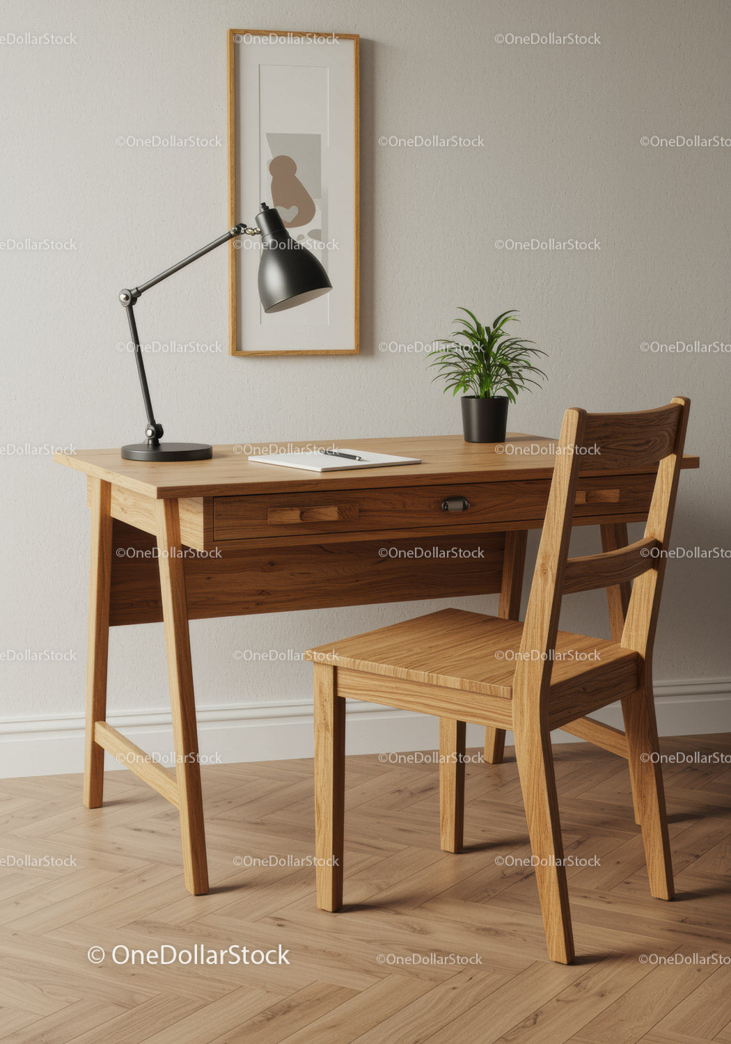 Wooden Desk and Chair in Minimalist Home Office Scene