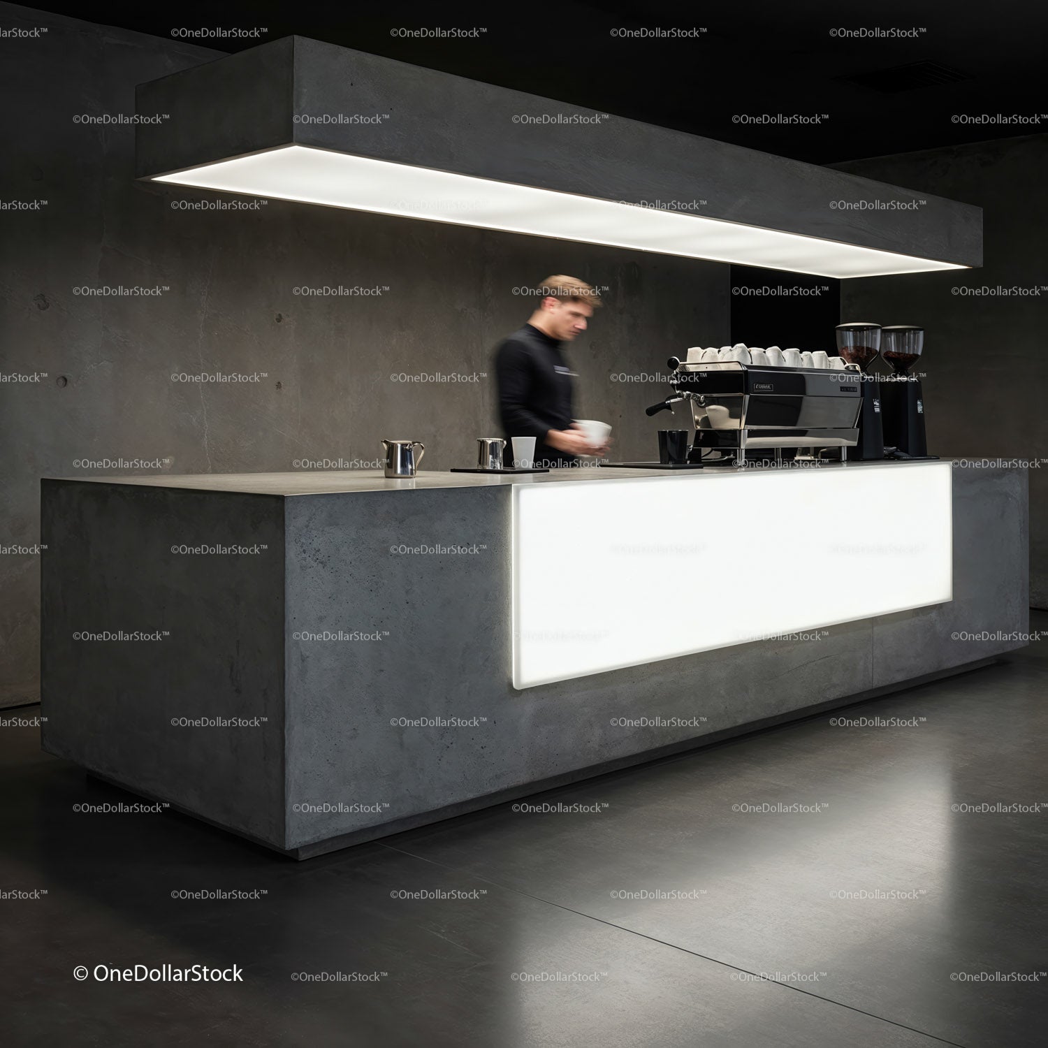 Barista Preparing Coffee at Modern Minimalist Cafe Counter