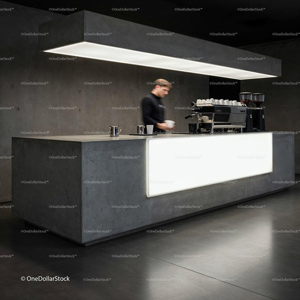 Barista Preparing Coffee at Modern Minimalist Cafe Counter JPG Mockup Image