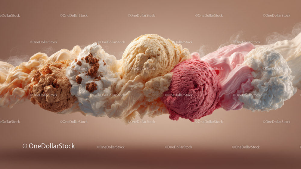 Colorful Assorted Ice Cream Scoops Floating on Creamy Swirls