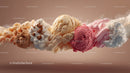 Colorful Assorted Ice Cream Scoops Floating on Creamy Swirls