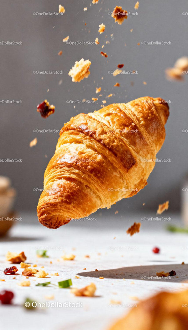 Golden croissant with crumbs in motion on light surface