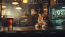 Relaxed Cat Lying at Bar with Cola in Cozy Cafe Scene
