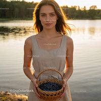 Young woman holding basket of fresh blueberries outdoors