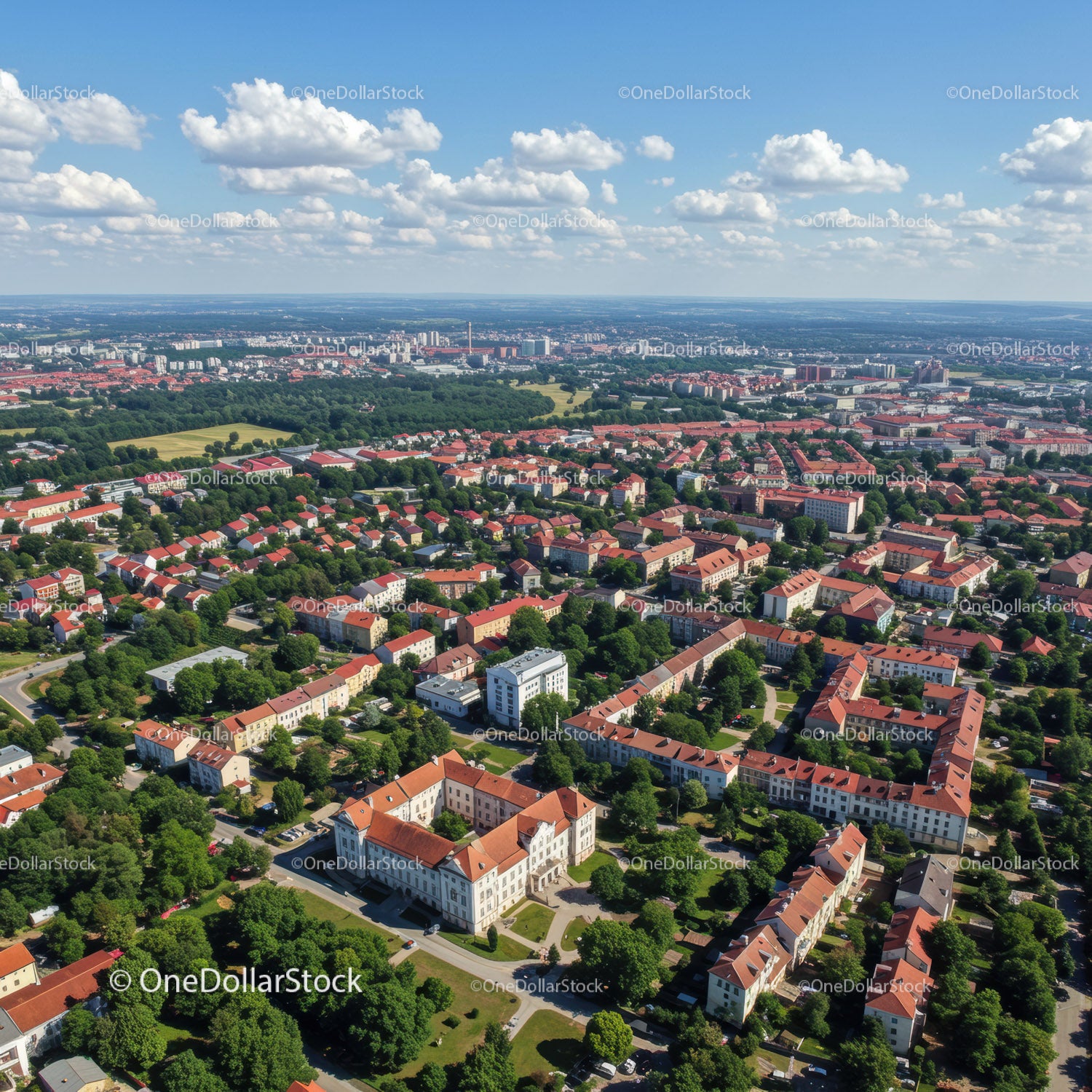 Widok z lotu ptaka na zielone drzewa i dzielnicę mieszkalną z czerwonymi dachami