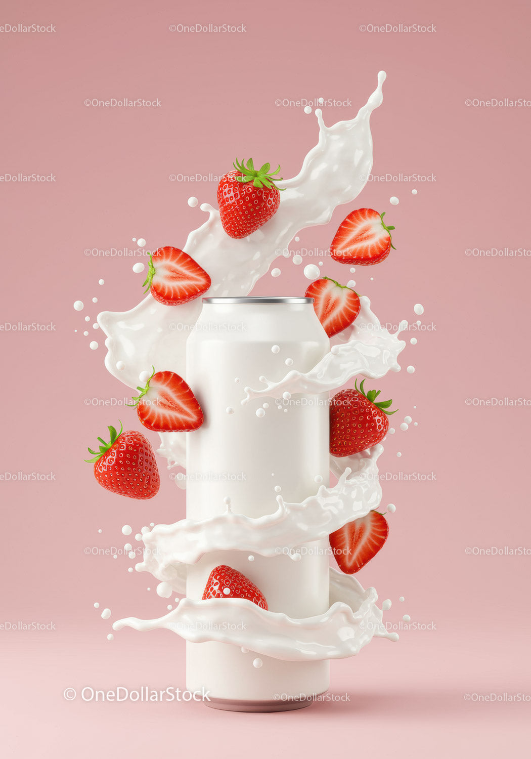 Strawberry splash around white beverage can on pink