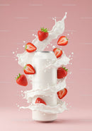 Strawberry splash around white beverage can on pink