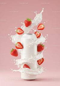 Strawberry splash around white beverage can on pink