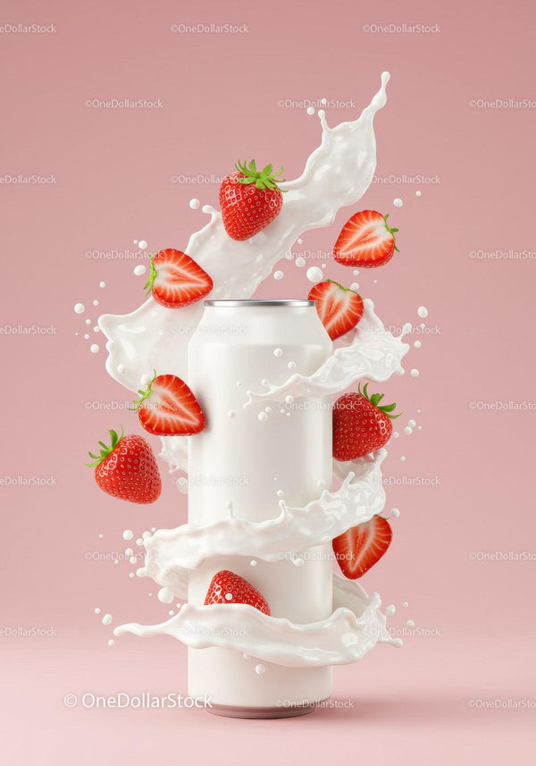 Strawberry splash around white beverage can on pink JPG Mockup Image