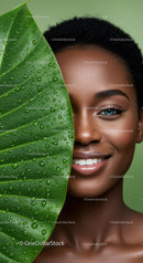 Close-Up of Smiling Woman with Green Leaf and Water Droplets