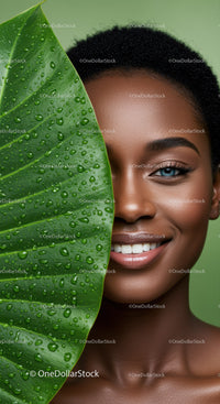 Close-Up of Smiling Woman with Green Leaf and Water Droplets