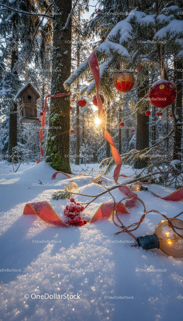 Winter forest decorated with red baubles and sparkling lights