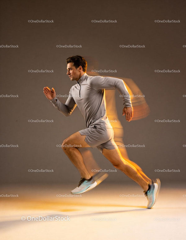 Athlete sprinting indoors with motion blur effect
