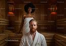 Young Woman and Man Relaxing in Wooden Sauna with Warm Lighting