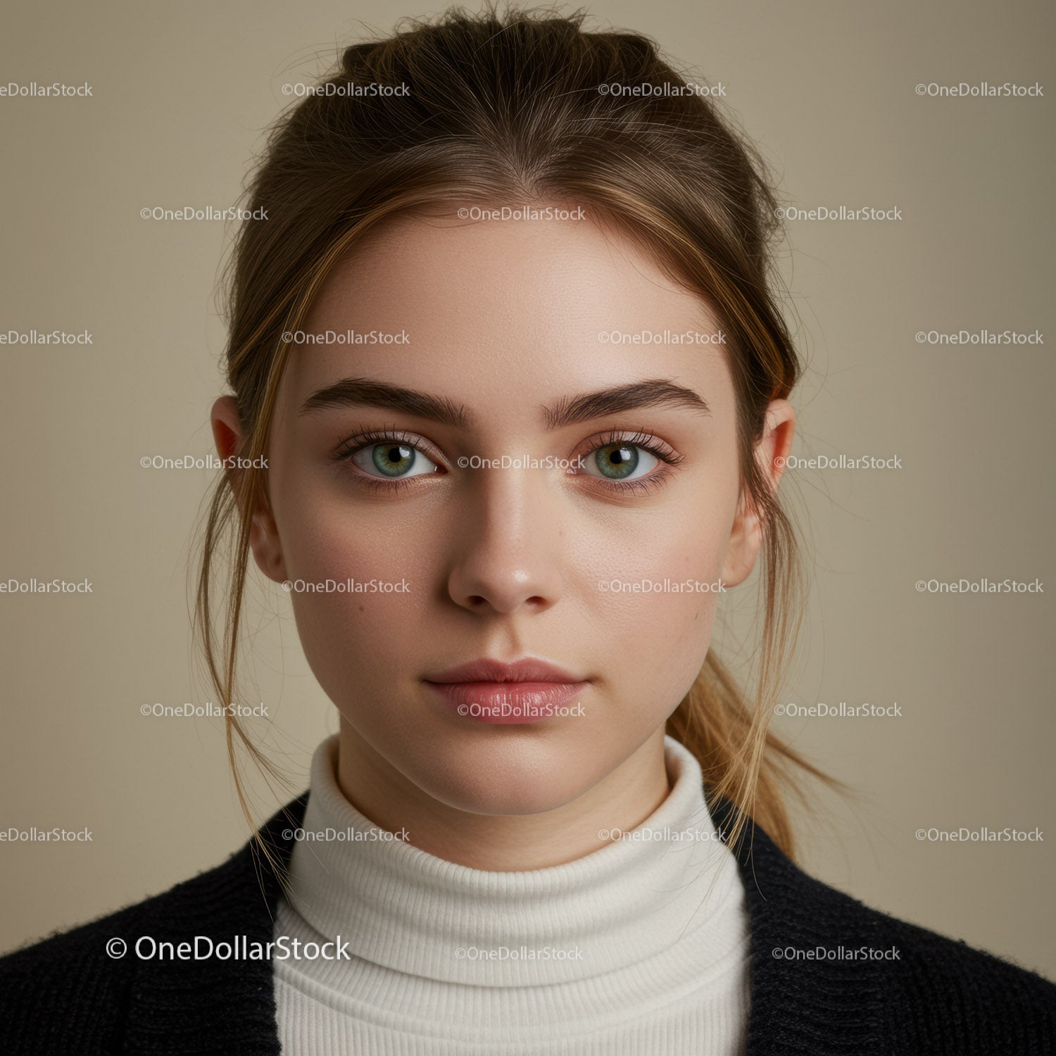 Portret młodej kobiety o zielonych oczach i kasztanowych włosach