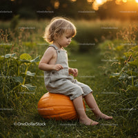 Curious toddler sitting on a large pumpkin outdoors