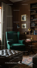 Cozy reading nook with classic green armchair and books