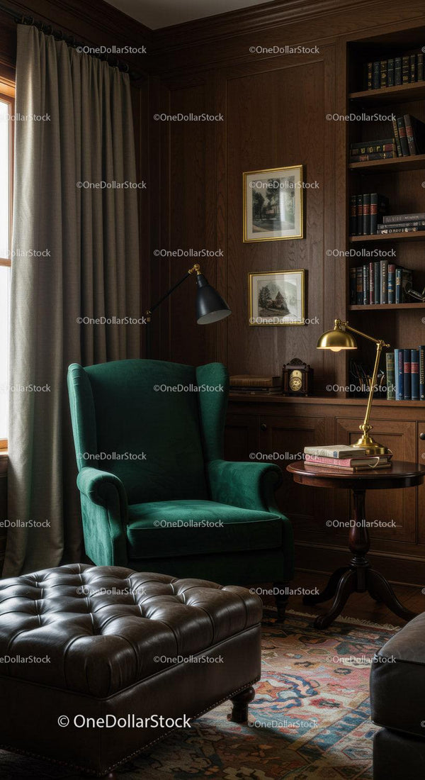 Cozy reading nook with classic green armchair and books