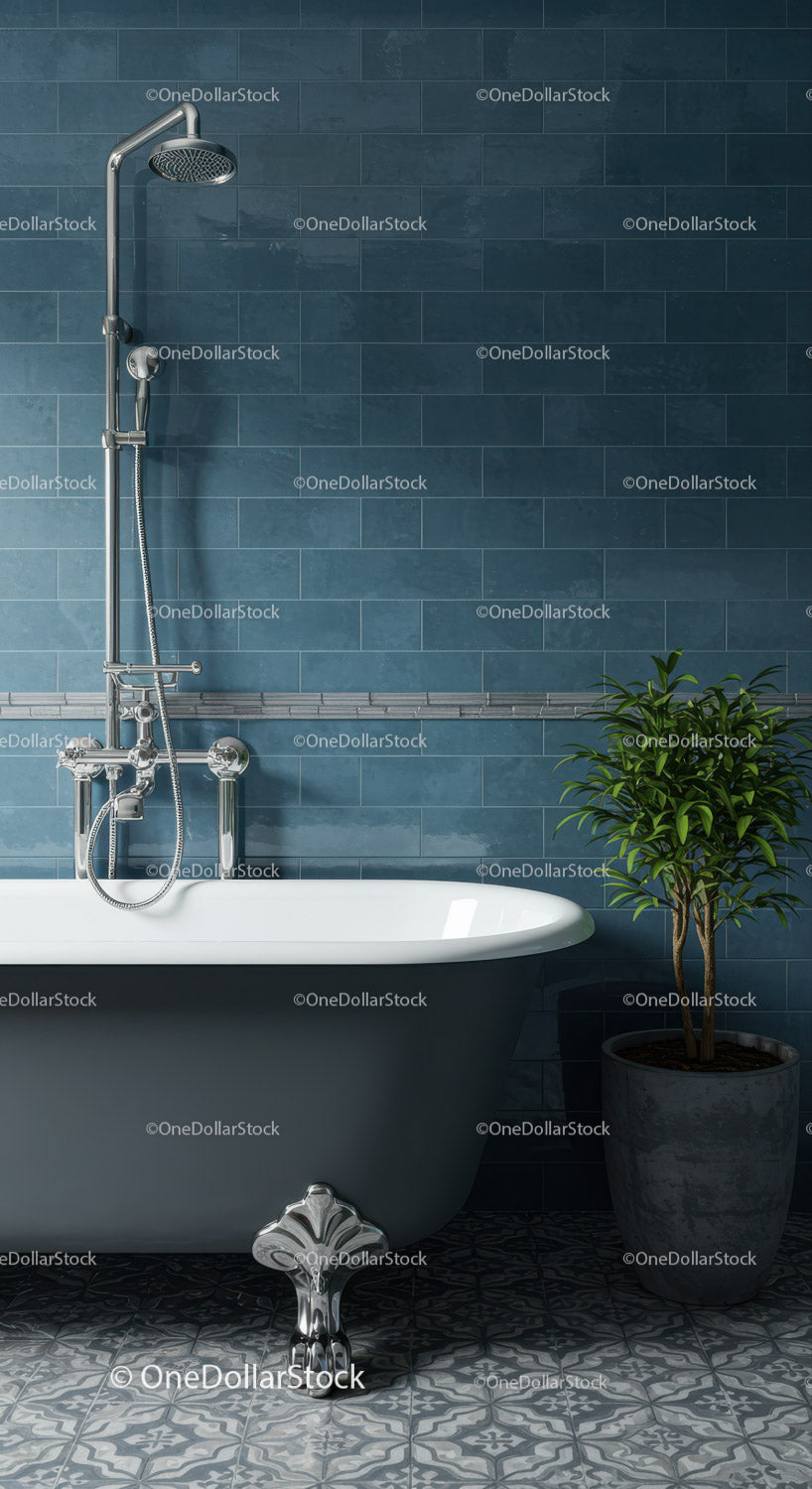 Classic freestanding bathtub with green indoor plant