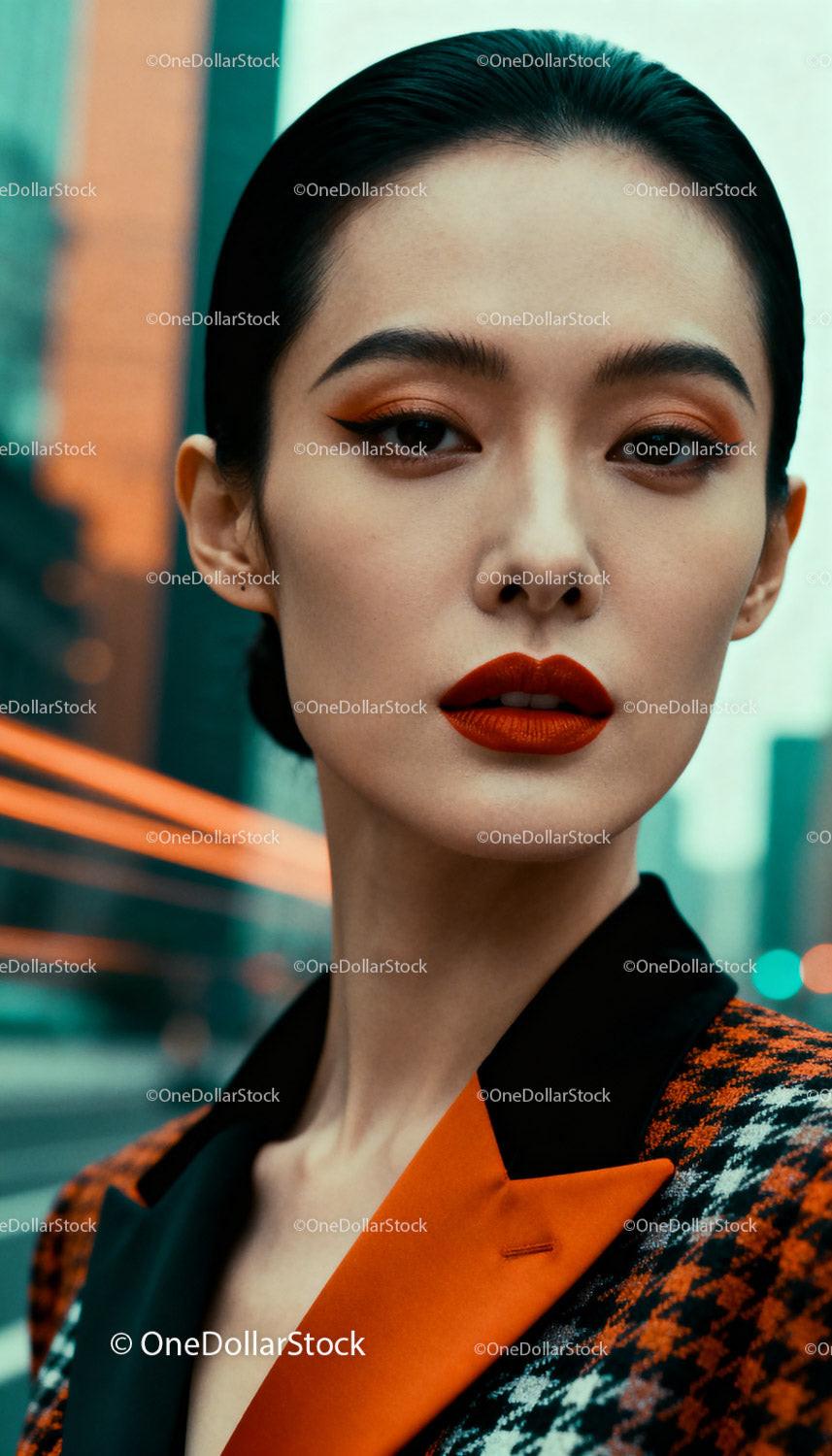 Elegant woman with bold makeup in urban setting