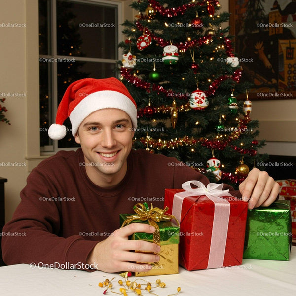 Young man wearing Santa hat with Christmas presents