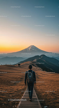Scenic Mountain Hike with Snow-Capped Volcano in Sunset Light