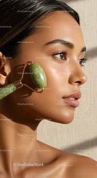 Young Woman Receiving Facial Massage with Jade Roller for Glowing Skin