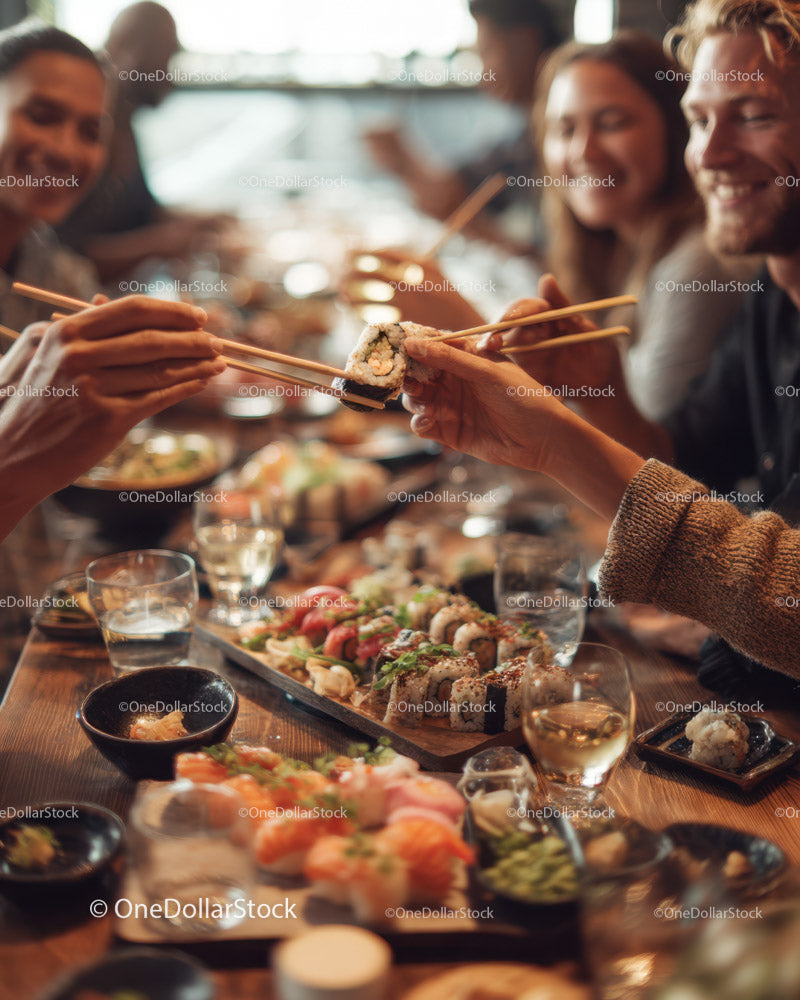 Diverse group of friends enjoying colorful sushi in modern restaurant