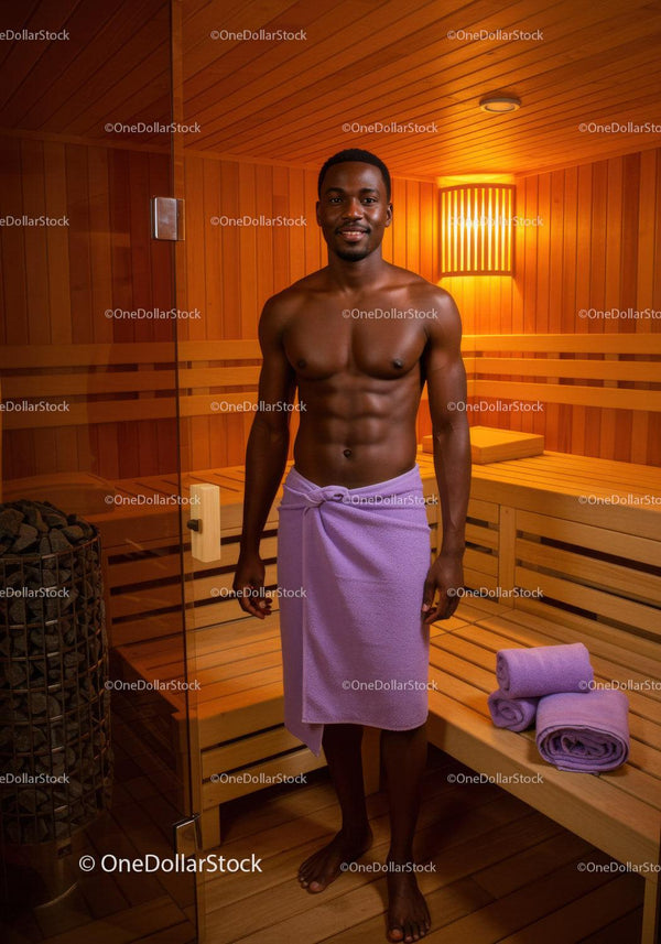 Healthy Young Man Relaxing in Spa Sauna with Towel in Wooden Interior