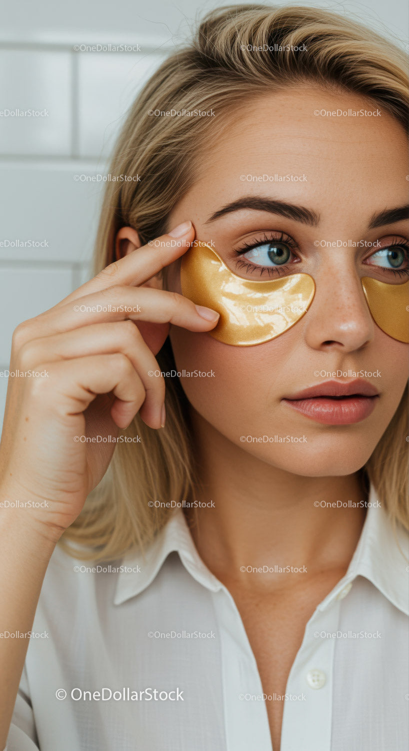 Young Woman Applying Gold Eye Patches for Skincare Rejuvenation