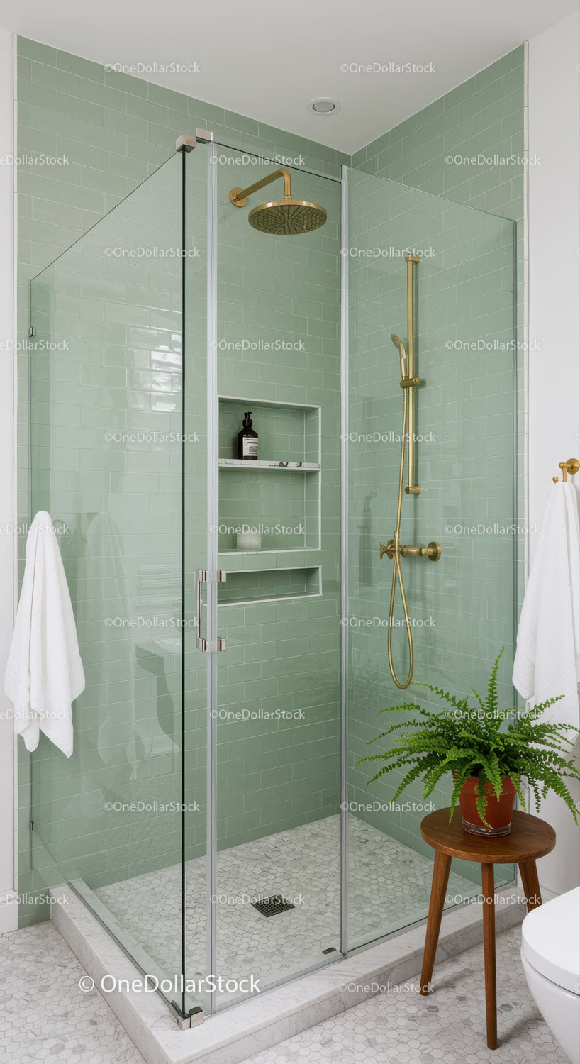Modern Glass Shower with Brass Fixtures and Green Tiles