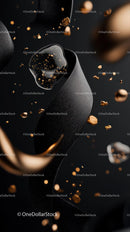 Close-Up of Black Elastic Band with Gold Glitter Particles and Liquid Splash