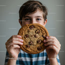 Child holding large chocolate chip cookie close to face