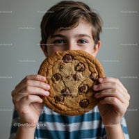 Child holding large chocolate chip cookie close to face