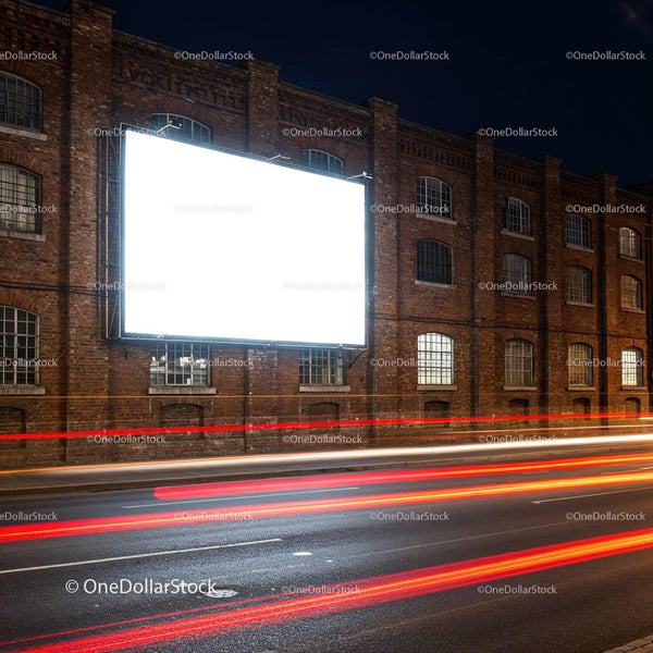 Blank Billboard on Brick Wall with Light Trails at Night JPG Mockup Image