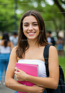 Smiling Young Woman with Backpack Holding Pink Notebook in Outdoor Setting