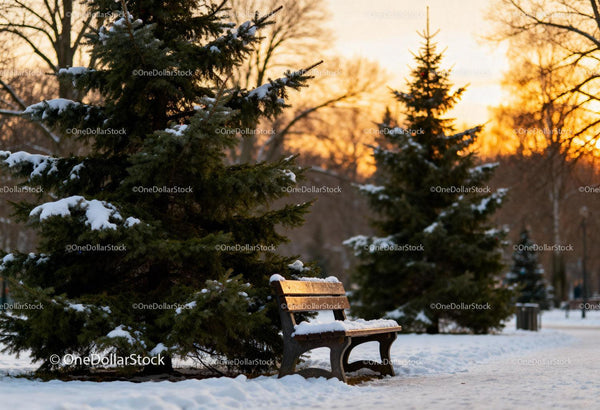 Snow-covered bench beside evergreen trees at sunset