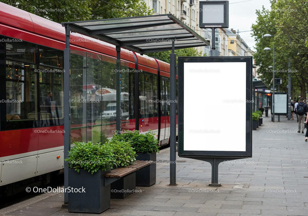 Modern tram stop with blank advertising board in city JPG Mockup Image