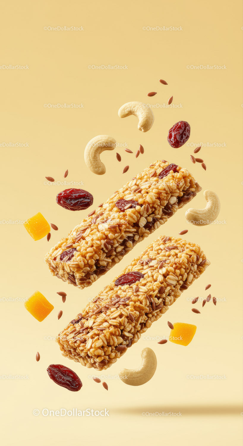 Batony Granola z orzechami, owocami i nasionami na beżowym tle