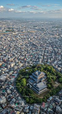 Aerial View of Traditional Temple Amid Modern Cityscape